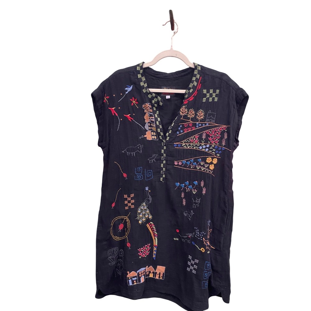 Biya Johnny Was Black Embroidered Cotton Tunic dress Boho Folk Art Biya cotton